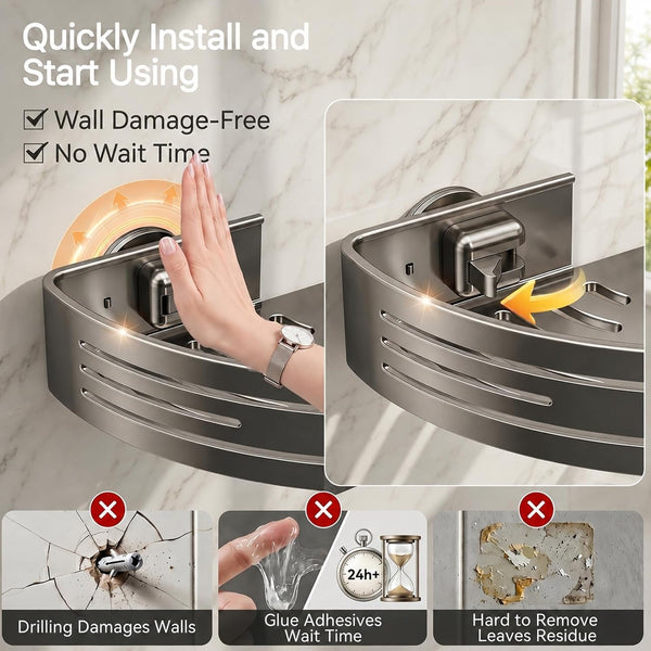 2 PCS Shower Caddy Suction Cup with Towel Bar & Hooks, No-Drilling (Gray)4