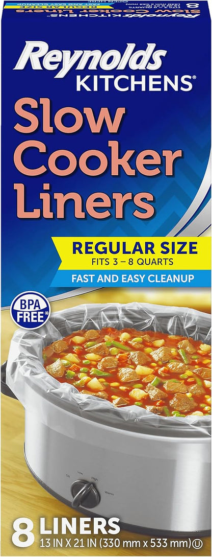 Kitchens Slow Cooker Liners, Regular Size, Fits 3-8 Quarts, 8Ct | Fits 3-8 Qt round and Oval Slow Cookers, No-Scrub Cleanup, Food-Safe Nylon Blend Material, Heat-Resistant to 400F, Bpa-Free1