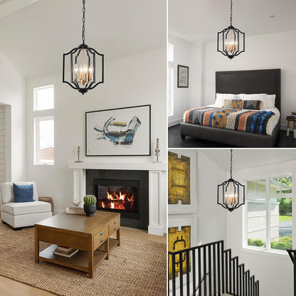 Black and Gold Chandelier Light Fixture, 4-Light Farmhouse Chandelier Dining Room Light Fixtures Rustic Hanging Small Entryway Pendant Light for Kitchen Island Foyer Living Room7