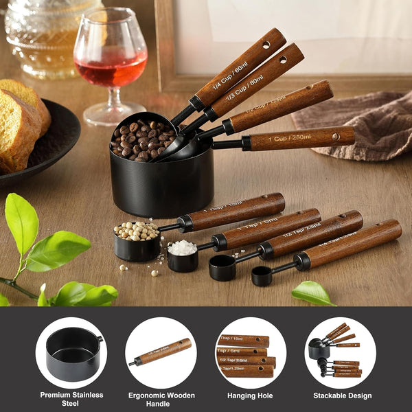 8PCS Measuring Cups and Spoons Set, DV Stainless Steel Measuring Cups with Ergonomic Wooden Handle for Cooking & Baking2