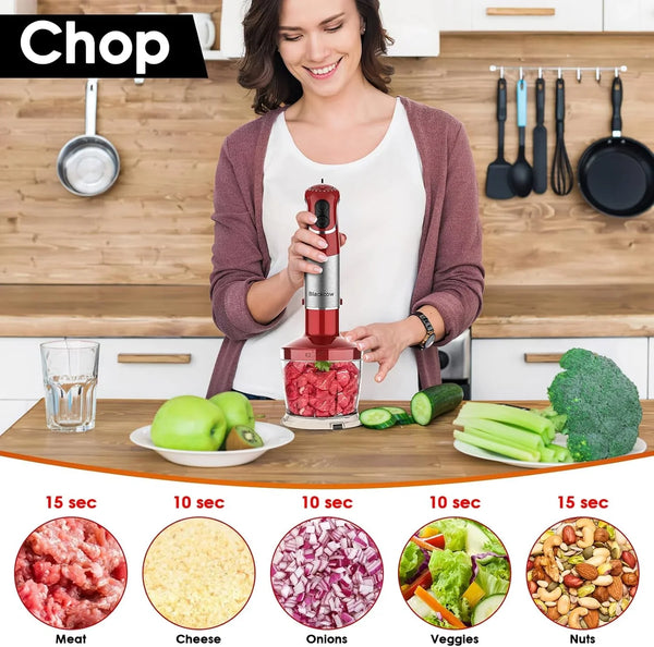 Immersion Blender Handheld, Corded Hand Blenders Set 800W, 12 Speed Stick Blender 5 in 1 Stick Emulsifier with Chopper, Whisk and Frother for Soup, Baby Food and Smoothies, Red6