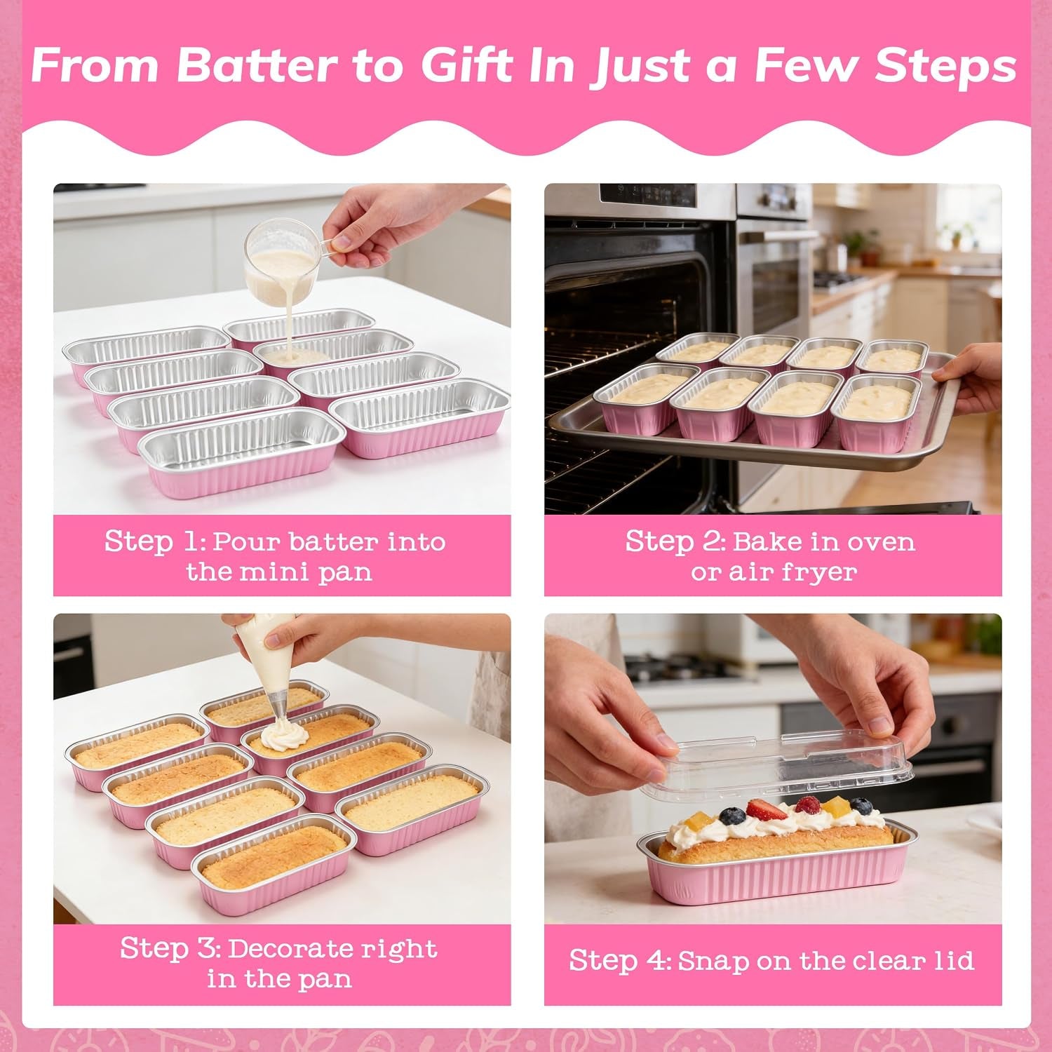 mini-loaf-pans-with-lids-50-pack-pink-6-8oz-for-party-favors-fits-tartlets-pudding-desserts-loaf-slices-and-sweet-samples-single-base-workflow-helps-limit-dish-handling