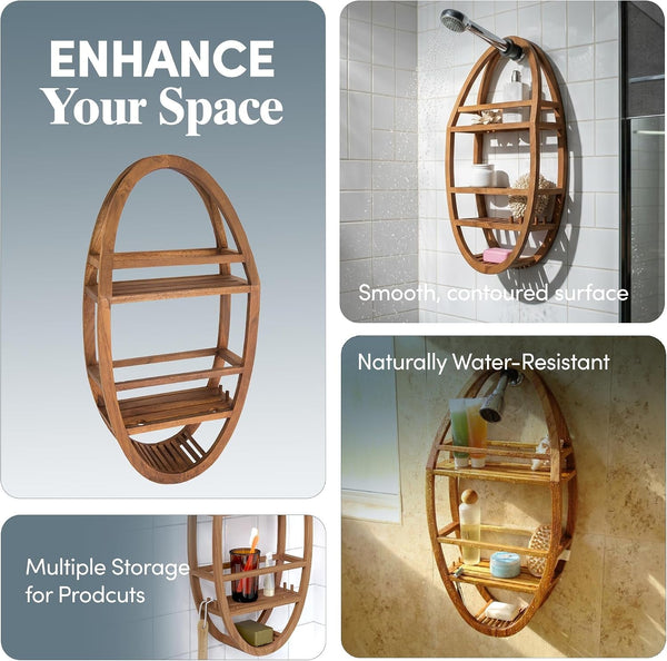 Moa Oval Teak Shower Organizer, Hanging Caddy with Hooks6
