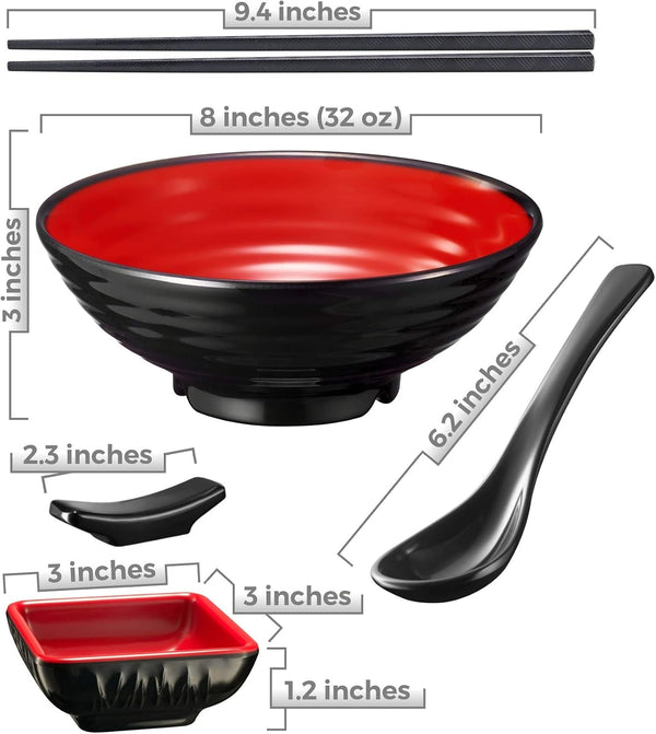 Unbreakable Ramen Bowl Set with Chopsticks and Spoon: 2 Large Japanese Style Melamine Ramen Bowls, Dipping Bowls and Chopstick Stands for Asian Pho Soup Thai Miso Udon Wonton (2 Bowl Set, Red-Black)2