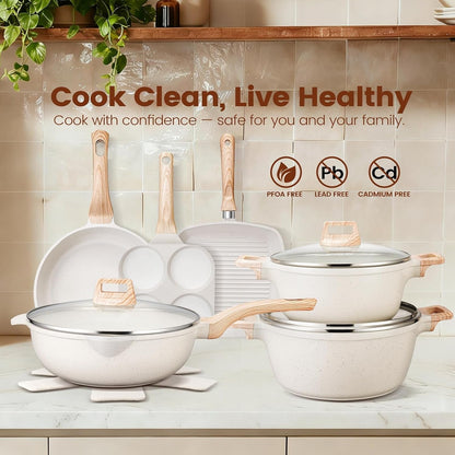 27PCS Nonstick Ceramic Pots and Pans Cookware Set with Gloves, Apron, Silicone Tools,Ivory3