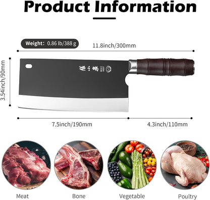 Meat Bone Cleaver Knife Heavy Duty, Hand Forged Butcher with Sheath for Kitchen Outdoor Camping BBQ Gift for Men, Black2