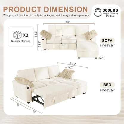 81" Sectional Couch with Pull Out Sofa Bed,Chenille Sleeper Sofa with Storage Ottoman & USB Charging,Comfy L Shaped Modular Couches for Living Room,Apartment2