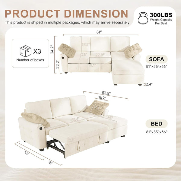 81" Sectional Couch with Pull Out Sofa Bed,Chenille Sleeper Sofa with Storage Ottoman & USB Charging,Comfy L Shaped Modular Couches for Living Room,Apartment2