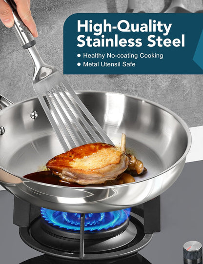 18/10 Stainless Steel Frying Pan Set, 8" / 9.5" / 11" Cooking Pans, Triply Base Stainless Steel Pan Set with Ergonomic Handle, Induction Compatible | 18/10 Stainless Steel Frying Pan Set with 3 Sizes and Triply Base for Even Heating, Versatile Everyday Cooking4