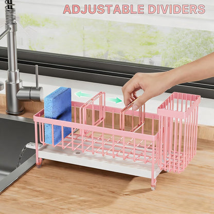 Sponge Holder for Kitchen Sink, Sink Caddy Organizer with High Brush Holder, Kitchen Countertop Organizers and Storage Essentials, Rustproof 304 Stainless Steel (Pink, 9.25″)4