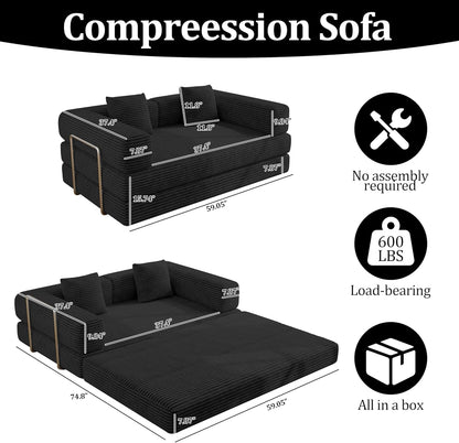 59 Inch Convertible Sofas Bed, 5-In-1 Futon Sofa Pull Out Sleeper Couch, Boneless Couches for Living Room, Corduroy Floor Compression Loveseat for Bedroom, Apartment, No Assembly, Black, 2 Seat2