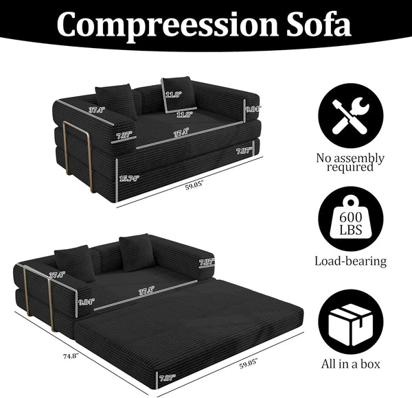 59 Inch Convertible Sofas Bed, 5-In-1 Futon Sofa Pull Out Sleeper Couch, Boneless Couches for Living Room, Corduroy Floor Compression Loveseat for Bedroom, Apartment, No Assembly, Black, 2 Seat2