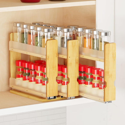 Bamboo Pull Out Spice Rack Organizer for Cabinet, Heavy Duty Slide Out Seasoning Kitchen Pantry Sliding Vertical Organization, 7.6" Wide, 3 Drawers(2" Wide), 2-Tier, Natural1