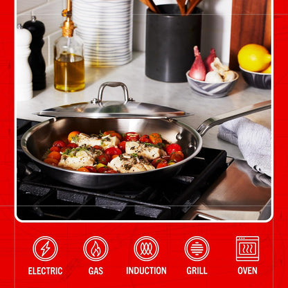 Eater Series 12 Inch Frying Pan with Lid | Made in USA | 5-Ply Fully Clad Stainless Steel | Stay Cool Handle Design | Induction Ready & Non-Toxic5