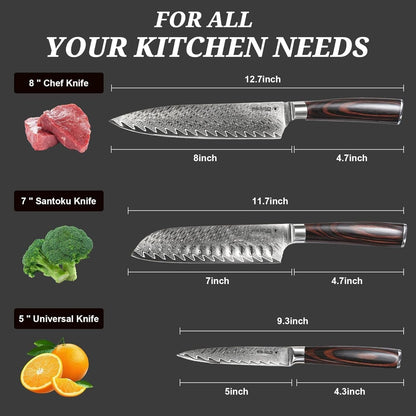 3 Piece Japanese Kitchen Knife Set, VG10 Core Damascus Knives | Ultra Sharp 67-Layer Forged Chef, Santoku and Utility Knives, 15° Edge, Ergonomic Pakkawood Handles and Gift Box5