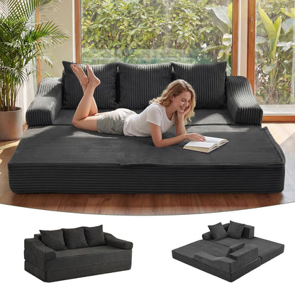 78.7" Folding Convertible Sofa Bed, Boneless Sleeper Sofa Couch with Pillows, 3 Seater Pull Out Futon Couches Bed, Floor Mattress Couch Loveseat for Living Room Bedroom Lounge, Dark Grey1