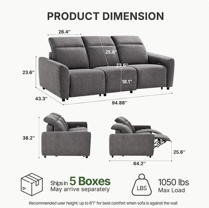 95" Power Recliner Sofa, Zero Gravity Reclining Sofa with Charging Ports, Adjustable Headrest, 3-Seater Modern Zero Wall Hugger Reclining Couches for Living Room, Pet-Friendly Fabric, Gray2