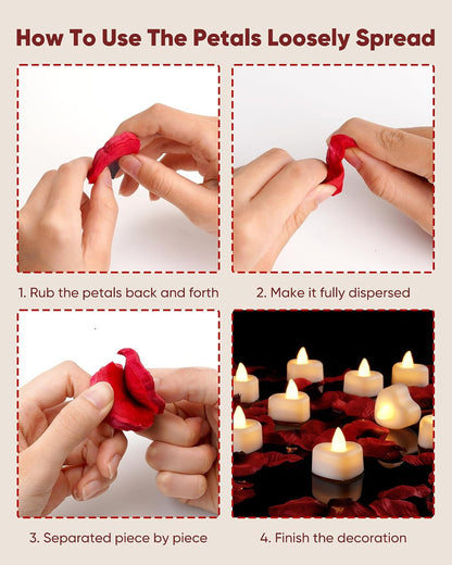 2000 Pieces Artificial Rose Petals with 24 Heart LED Tea Lights Candles Kit, Rose Petals and Candles Set for Proposal, Anniversary, Special Romantic Night, Wedding Table Decor, Birthday8
