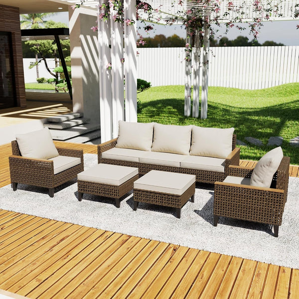 7 Piece Outdoor Patio Furniture Set, Wicker Rattan Sectional Sofa Set with Thick Cushions and High Backrest, All Weather Outdoor Conversation Set for Garden, Porch, Lawn, Poolside, Beige3