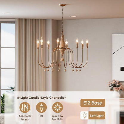 38.2" French Country Chandelier, Modern Farmhouse 8-Light Candle-Style Chandeliers Wood Pendant Light Fixture for Dining Room Living Room2
