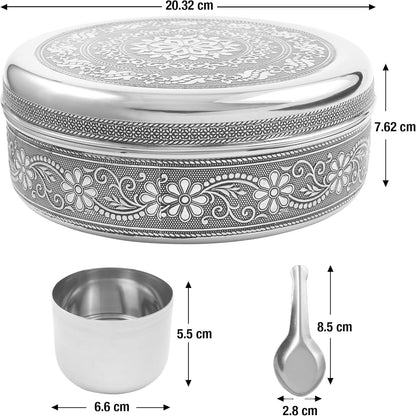 Designer Spice Container Masala Dabba, 7 Spice Jars, Holds 7 Spices, Spice Container Box, Polished Stainless Steel with 7 Serving Spoons, Indian Masala Dabba with Lid, 8 Inch2