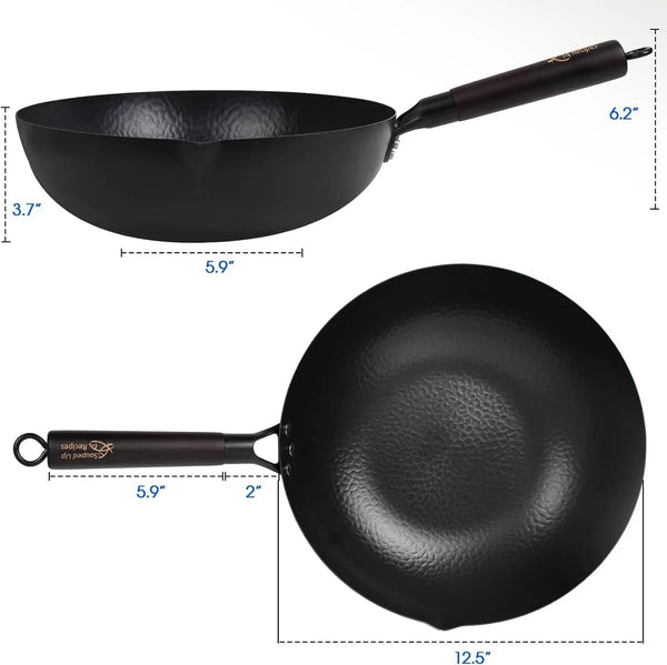 12.5 Inch Carbon Steel Wok for Electric, Induction and Gas Stoves (Lid, Spatula and User Guide Video Included)6