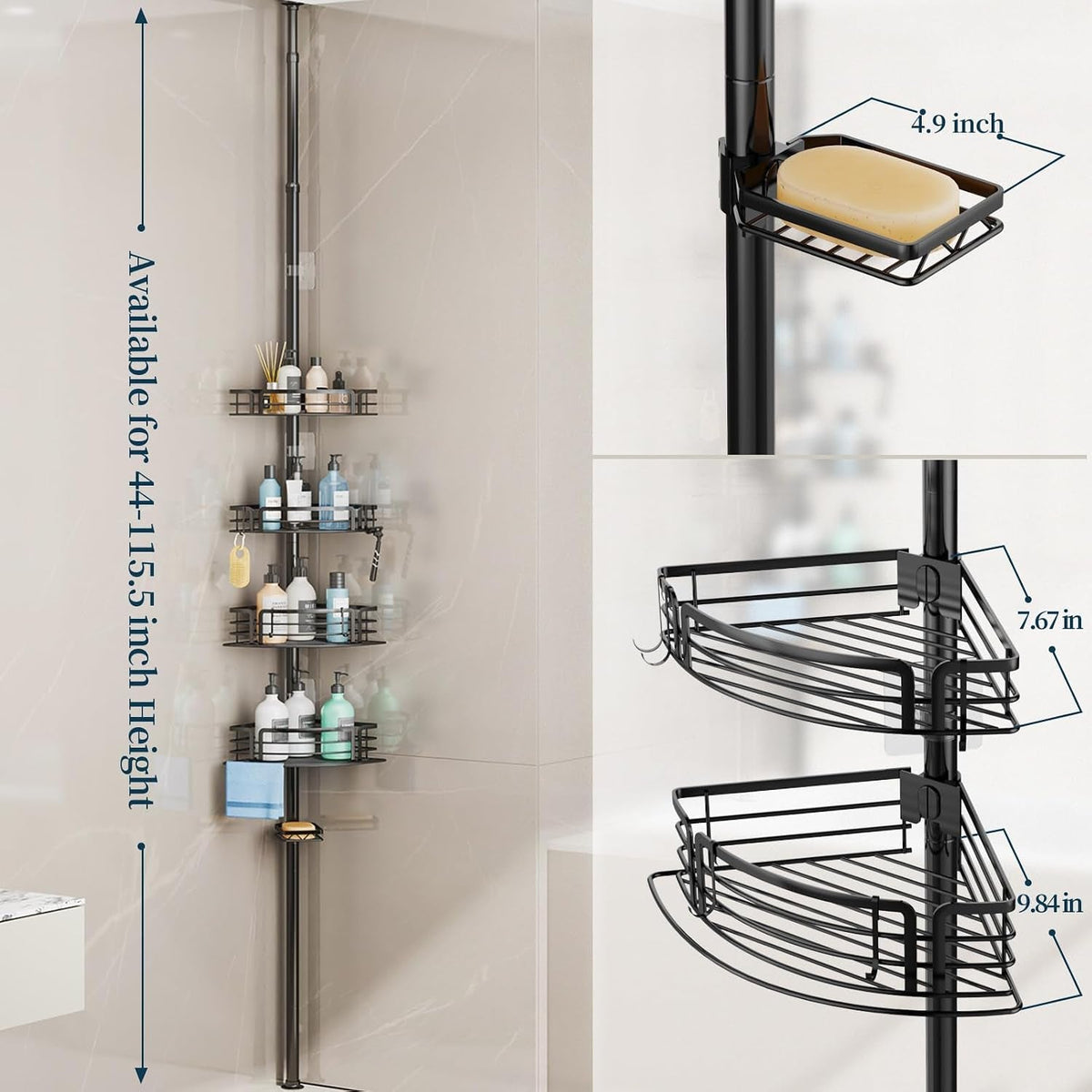 corner-shower-caddy-tension-pole-rustproof-shower-shelves-with-towel-bar-soap-holder-adjustable-bath-organizer-for-bathroom-storage-27-6-108-3-inch-black