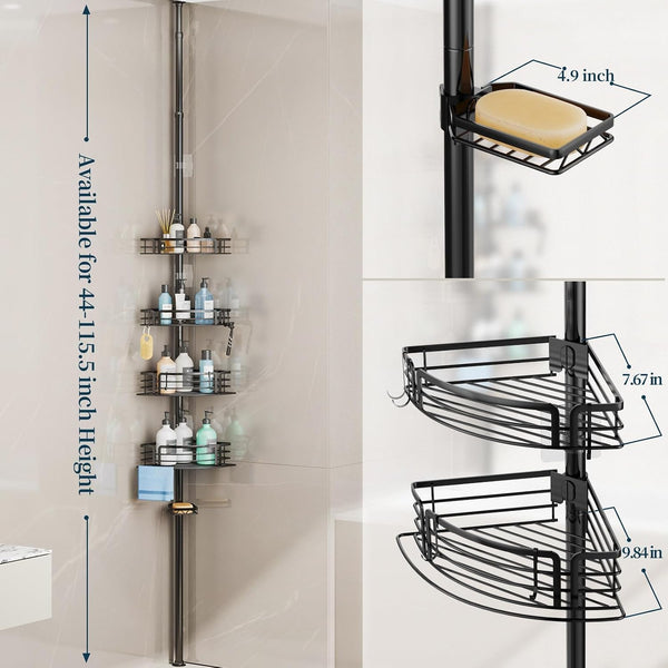 Corner Shower Caddy Tension Pole - Rustproof Shower Shelves with Towel Bar & Soap Holder, Adjustable Bath Organizer for Bathroom Storage, 27.6-108.3 Inch, Black8