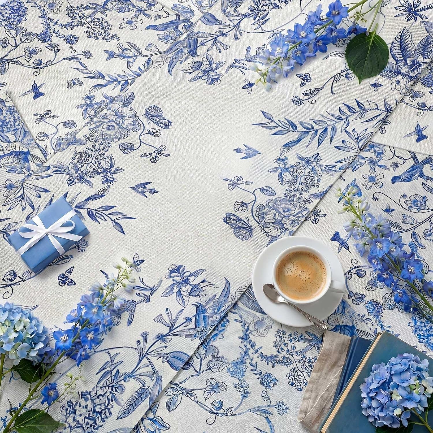 blue-floral-summer-table-runner-and-placemats-set-of-7-12-x-18-blue-and-white-chinoiserie-place-mats-13-x-72-flower-table-runner-for-holiday-baby-shower-party-kitchen-dining-decoration