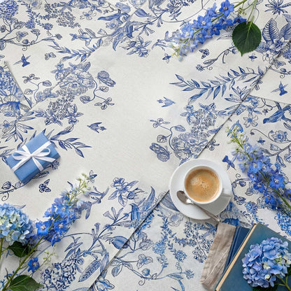 Blue Floral Summer Table Runner and Placemats Set of 7, 12" X 18" Blue and White Chinoiserie Place Mats 13" X 72" Flower Table Runner for Holiday Baby Shower Party Kitchen Dining Decoration7