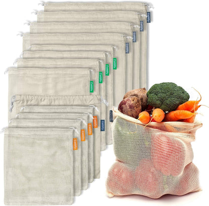 12+1 Reusable Produce Bags Grocery Washable, Organic Cotton Mesh Produce Bags, Double-Stitched & Tare Weigh, Mesh Bags for Vegetables, Cotton Produce Bags Reusable Washable, Produce Bag 4Xs, 4Xm, 4Xl1