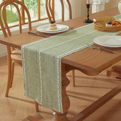 Sage Green Boho Cotton Linen Table Runner, Farmhouse Woven Table Runners Spring Holiday Kitchen Dining Table Decoration for Home Party Decor 13 X 487