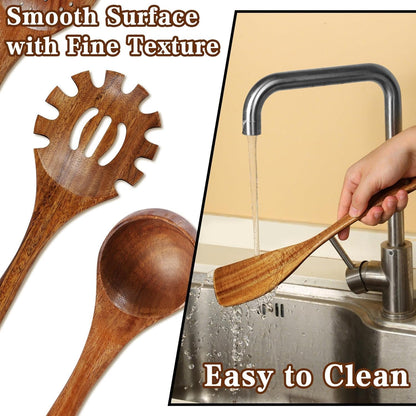 Natural Solid Wooden Utensil Set - 10 Pcs, Non-Stick Wooden Spoons for Cooking, Soft Comfort-Grip Wooden Cooking Utensils Set, Wood Kitchen Utensil Set for Non-Stick Cookware6