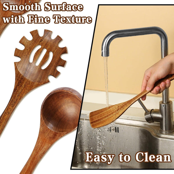 Natural Solid Wooden Utensil Set - 10 Pcs, Non-Stick Wooden Spoons for Cooking, Soft Comfort-Grip Wooden Cooking Utensils Set, Wood Kitchen Utensil Set for Non-Stick Cookware6