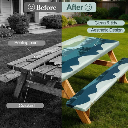Picnic Table Cover Bench Covers Camping Essentials Tablecloth | Waterproof Vinyl for Outdoor, Windproof Elastic Fitted Edges, RV BBQ Accessories Must Haves, Storage Bag Included2