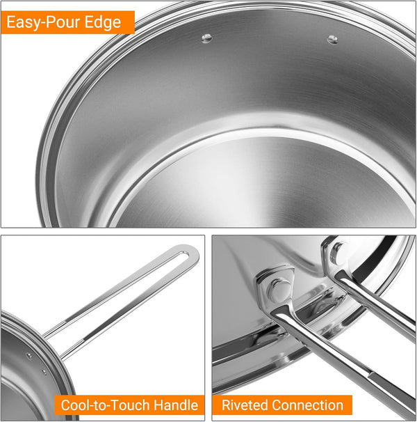 12 Piece Pots & Pans Set, Stainless Steel Cookware Set with Tempered Glass Lids, Handles & 3-Ply Base, 4 Stockpots, 1 Frying Pan & 1 Sauce Pan for Stovetop, Induction, Halogen8