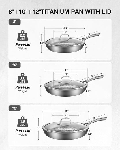 Titanium Pans for Cooking, 8+10+12-Inch Titanium Pan with Lid, Non-Stick Frying Pans, Pfas/Pfoa/Ptfe-Free, Dishwasher & Oven Safe, Compatible with Gas & Induction Cooktops2