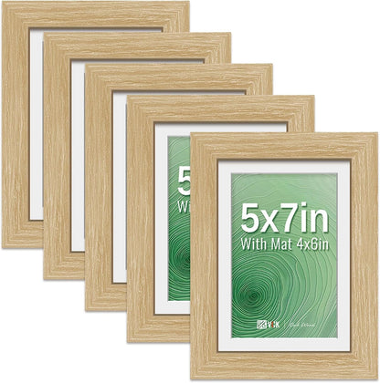 5X7 Picture Frame 5 Pack, Oak Wood, 4X6 Mat, Glass, for Portrait Print1