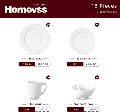 Homevss, New Bone China Dinnerware Set, Embossed Pearl Design, 16Pc Set2