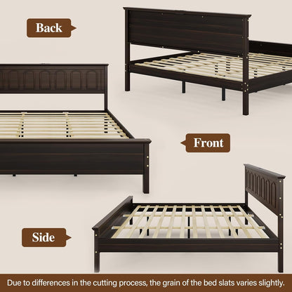 Queen Size Bed Frame with Headboard, Wood Platform Bed6
