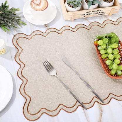 Beige Linen Placemats Embroidered Scalloped Kitchen Place Mats for Birthday Baby Shower Party Home Dining Table Decor, Set of 6, 13 X 19 In4