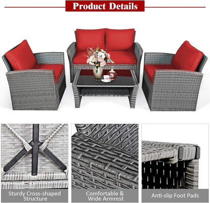 4 Pieces Patio Rattan Furniture Set, Outdoor Wicker Sofa Set with Tempered Glass Coffee Table, Cushions, All Weather Rattan Conversation Set for Yard Balcony Backyard Pool (Red)9