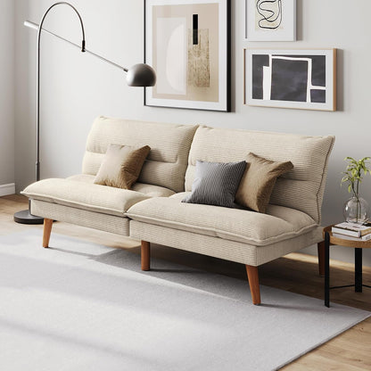 66" Futon Sofa Bed, Corduroy Futon Couch with 3-Position Adjustable Backrest, Solid Wood Legs, Convertible Small Sofa Bed for Living Room, Apartment, Dorm, Beige1