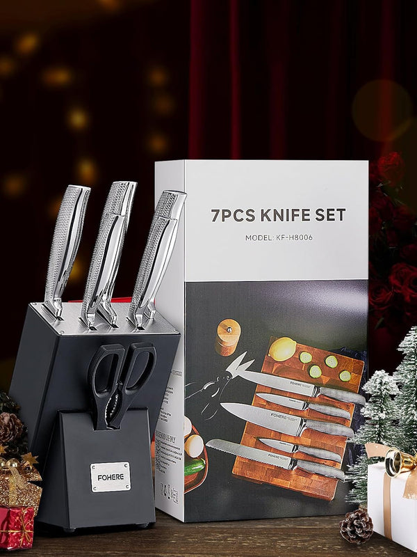 Knife Set,  7 Pieces Kitchen Knife Set with Built-In 5 X Sharpeners, Waved Texture Knife Set with Block, Stainless Steel Knife Block Set, Sharp Knives Set with Ergonomic Handle8