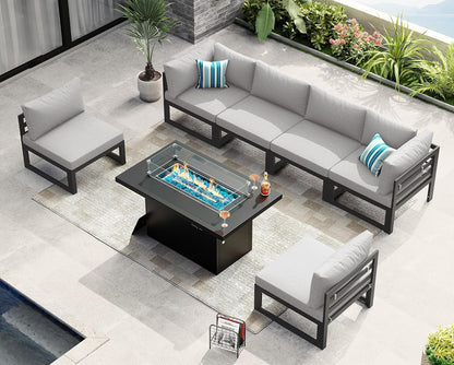Powder Coated Aluminum Patio Furniture Set with Fire Pit Table, 7 Piece Deep Seat Extra Wide Outdoor Sectional Sofa for 6, L Shaped Luxury Large Conversation Set for Poolside, Light Gray2