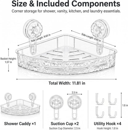 Corner Shower Caddy with Suction Cups, No Drill Corner Shower Shelf Organizer with Hooks, Clear Shower Storage Rack for Tile, Glass & Smooth Surfaces, White/Clear3