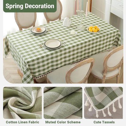 Spring Checkered Tablecloth Square Washable Heavy Duty Buffalo Plaid Table Cloth with Tassel Cotton Linen Gingham Table Cover for Spring Picnic Kitchen Dining Room, Green, 55 Inch4