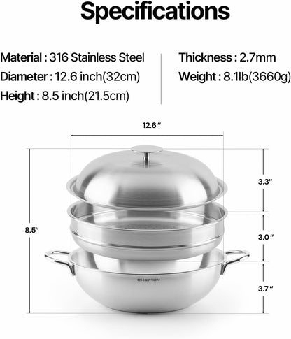 316 Stainless Steel Heavy Duty 12.6 Inch 6.3 Quart Wok Pan with Lid and Steamer, Stir Fry Pan, 5Ply, Induction Cookware, Dishwasher Safe, Oven Safe3