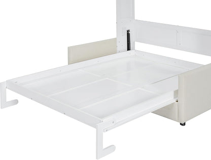 Murphy Bed Full Size Wall Bed with Sofa,Can Be Folded,Multifunctional Wood Hideaway Cabinet Bed Frame,Slat Support,Save Space,For Apartment,Guest Room,White10