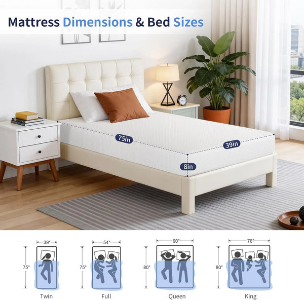 | 8 Inch Twin Mattress | Medium Firm | Gel Memory Foam | White | Dual Construction | Pressure Relief, Cooling Foam, Removable and Washable Cover | Bed in a Box, Certipur-Us Certified6